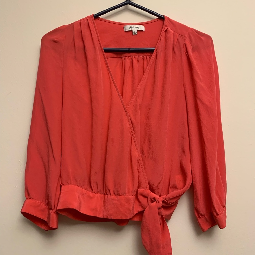 Madewell V-neck silk top in watermelon red